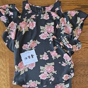 Byer California Black Floral Ruffle Sleeve Blouse with Pink Roses
